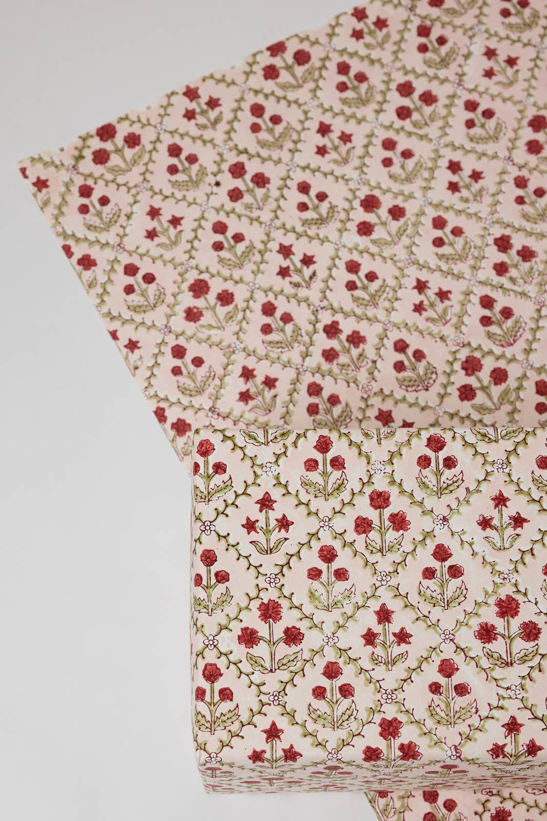 Block Printed Wrapping Paper Sheets - Floral Lattice Winter Red