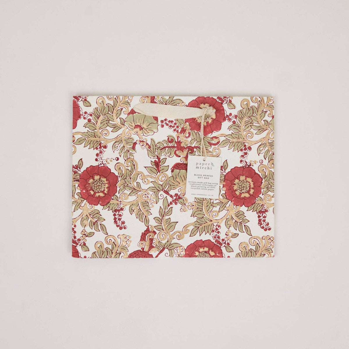 Block printed gift bag in Wild Rose Winter Red pattern, Medium size