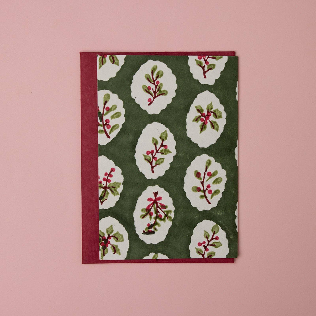 Block Printed Christmas Card - Holly Green