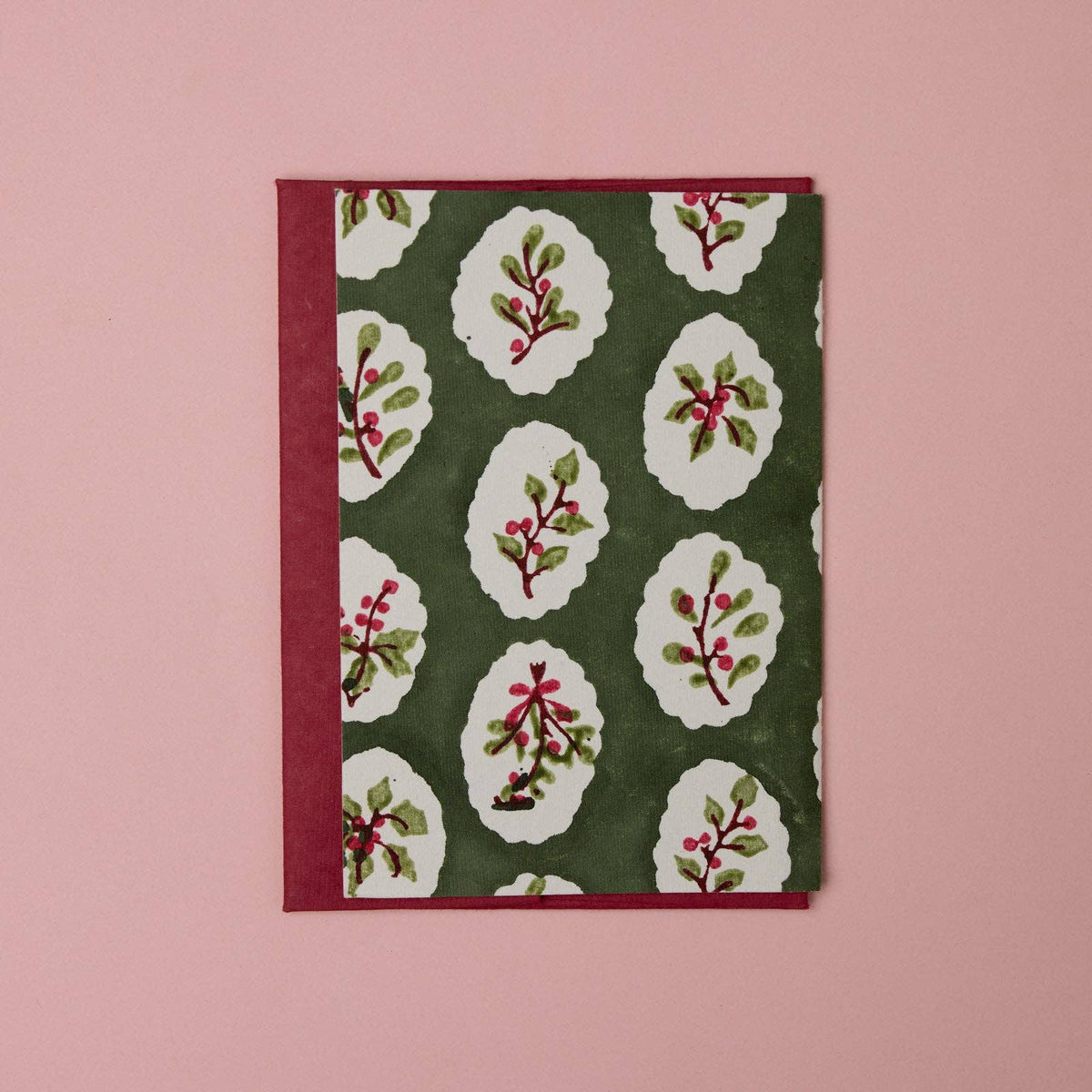 Block Printed Christmas Card - Holly Green