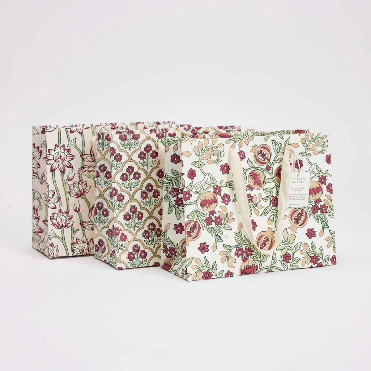 Block printed gift bag in Trellis Cherry pattern, Medium size