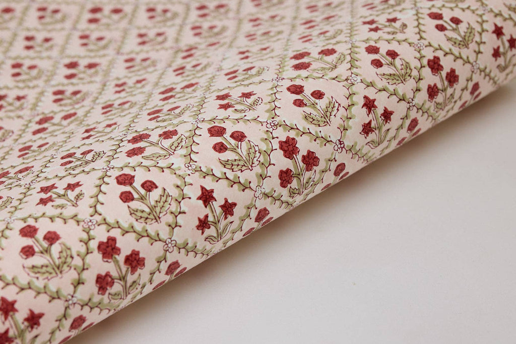 Block Printed Wrapping Paper Sheets - Floral Lattice Winter Red