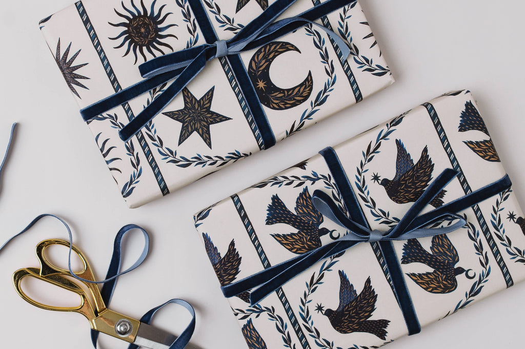Blue Moon Stars Christmas Botanical Luxury Gift Wrap Papers
