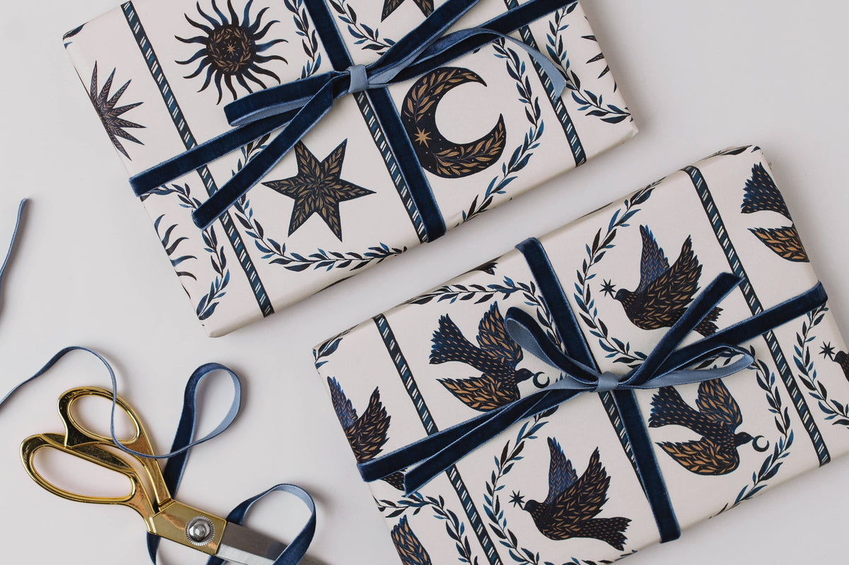Blue Moon Stars Christmas Botanical Luxury Gift Wrap Papers