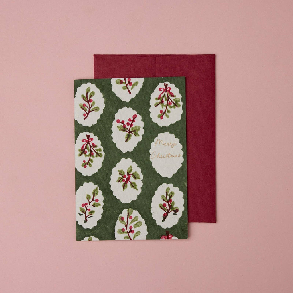 Block Printed Christmas Card - Holly Green