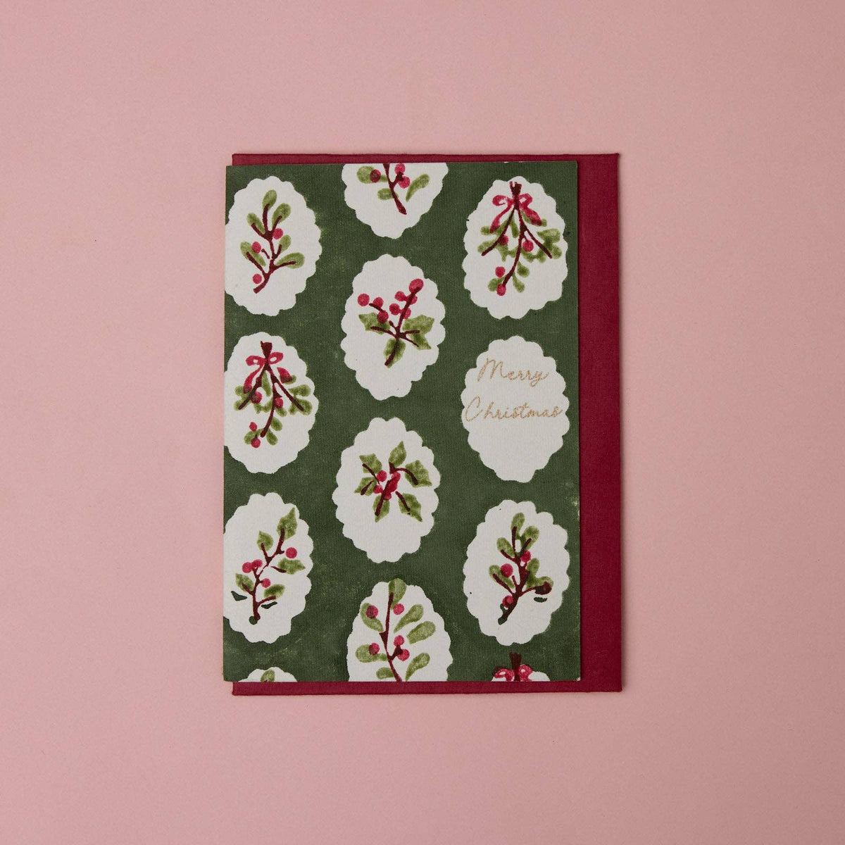 Block Printed Christmas Card - Holly Green