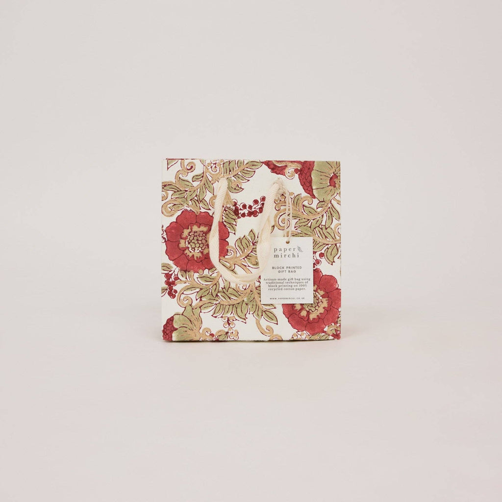 Block printed gift bag in Wild Rose Winter Red pattern, Small size
