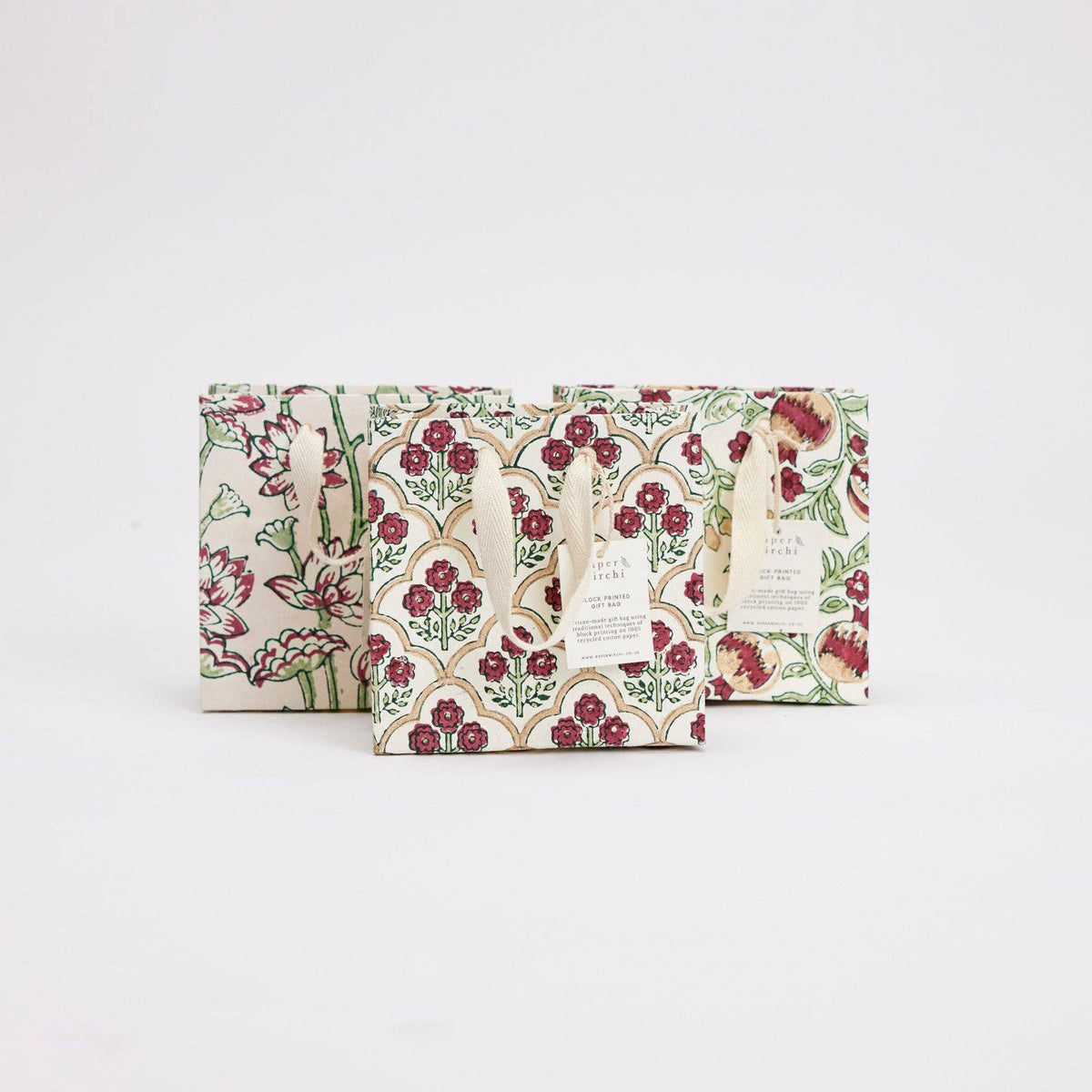 Block printed gift bag in Lotus Cherry pattern, Small size