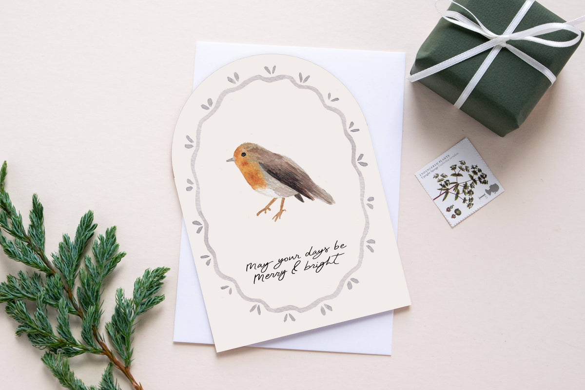 'Merry & Bright ' Robin Arch Shape Christmas Card