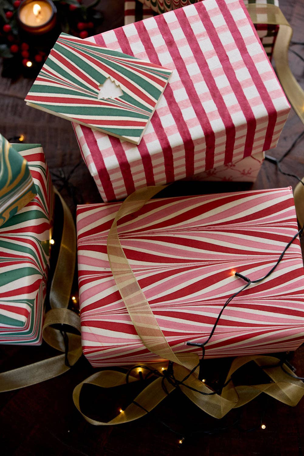 Hand Marbled Wrapping Paper Sheets - Candy Stripes Berry Tinsel