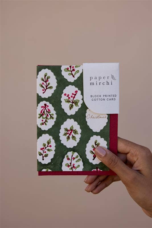 Block Printed Christmas Card - Holly Green