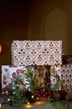 Block Printed Wrapping Paper Sheets - Floral Lattice Winter Red