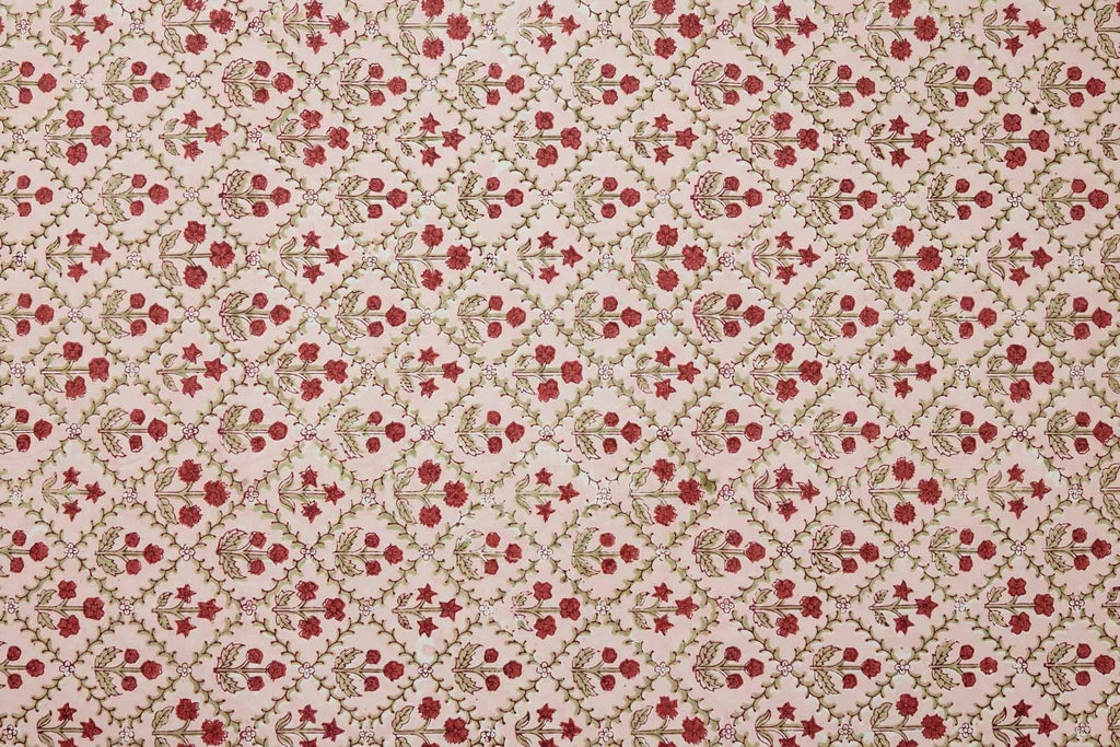 Block Printed Wrapping Paper Sheets - Floral Lattice Winter Red