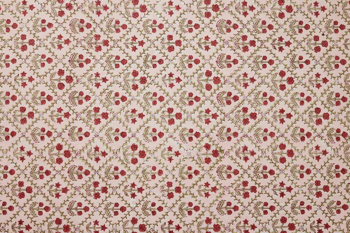 Block Printed Wrapping Paper Sheets - Floral Lattice Winter Red