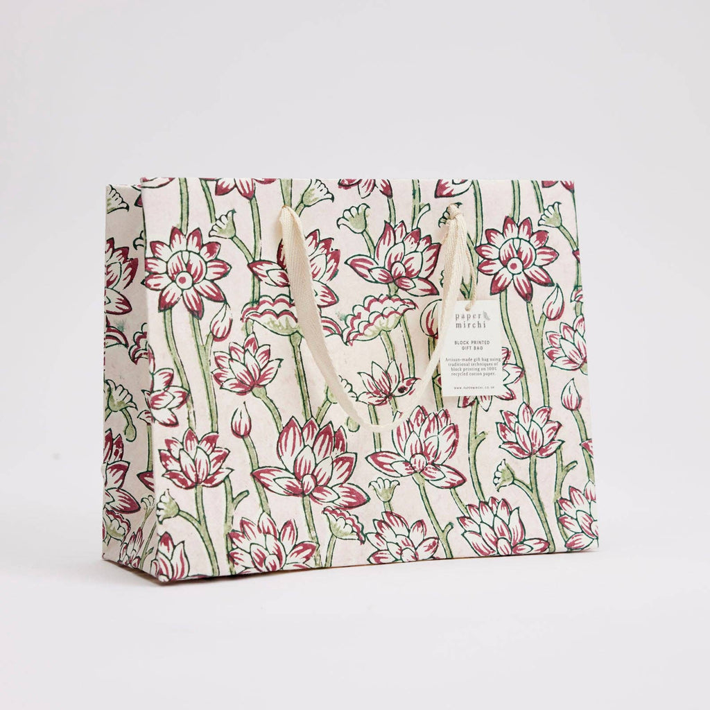 Block Printed Gift Bag - Lotus Cherry