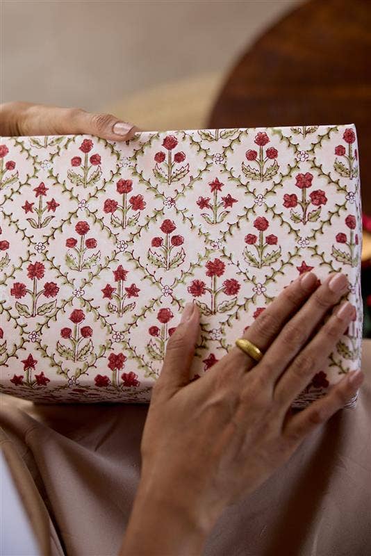 Block Printed Wrapping Paper Sheets - Floral Lattice Winter Red