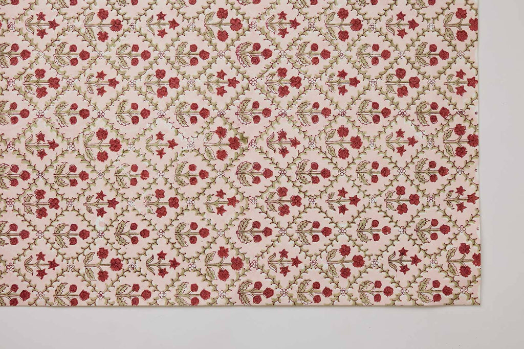 Block Printed Wrapping Paper Sheets - Floral Lattice Winter Red