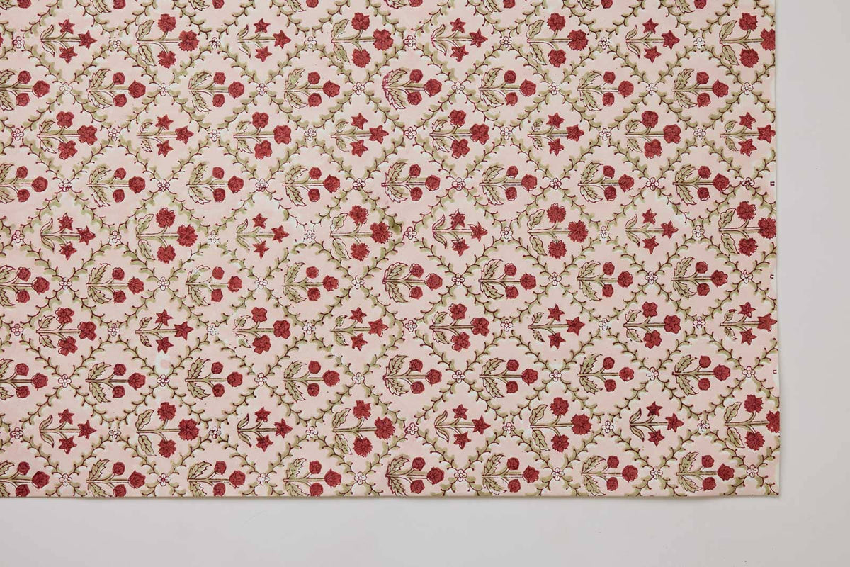 Block Printed Wrapping Paper Sheets - Floral Lattice Winter Red