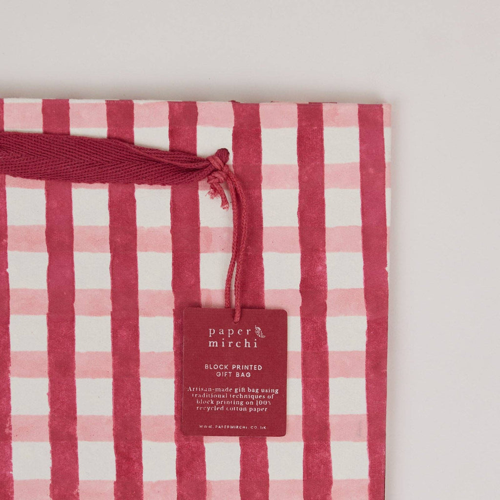 Block printed gift bag in Gingham Christmas Pudding pattern, Medium size