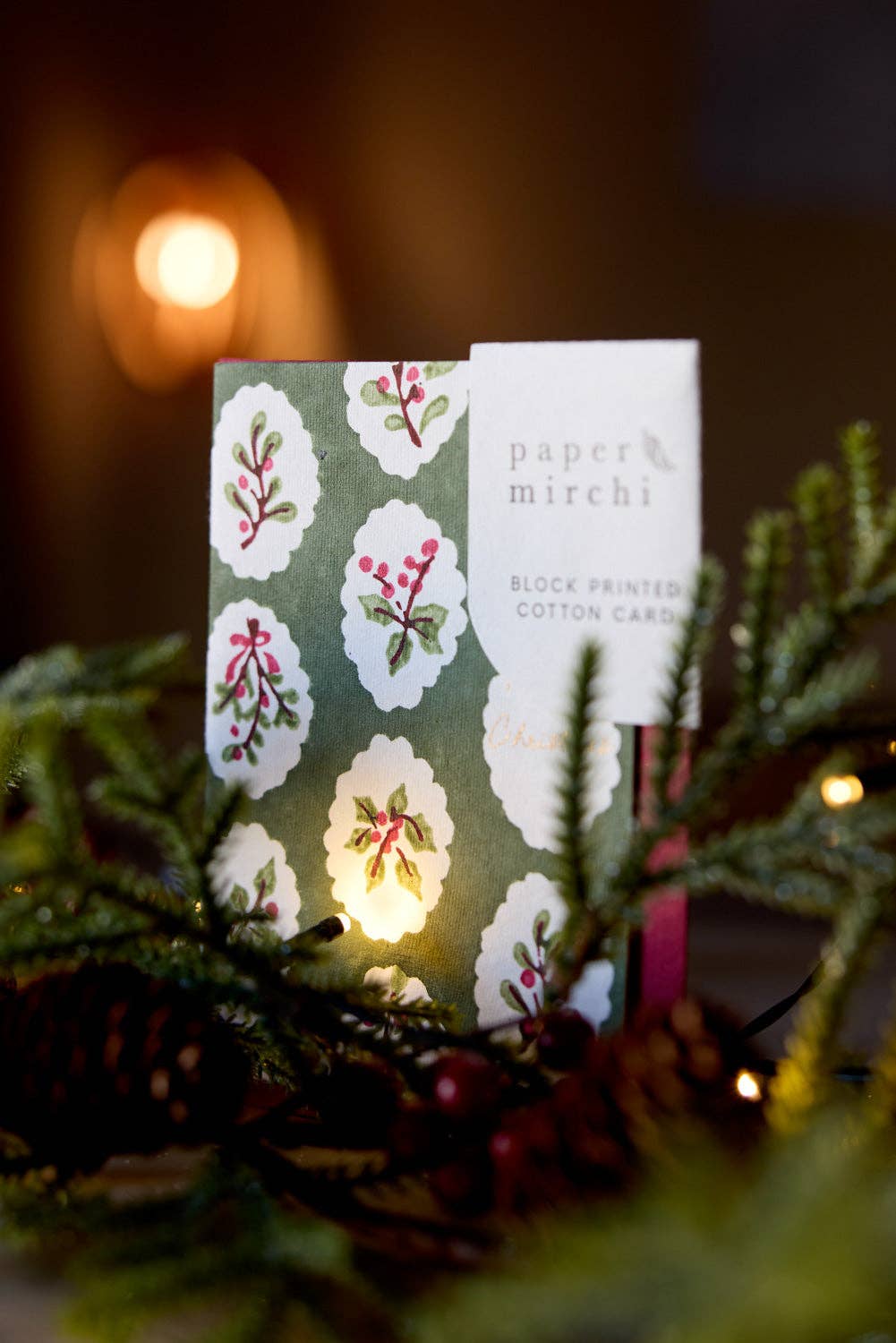 Block Printed Christmas Card - Holly Green