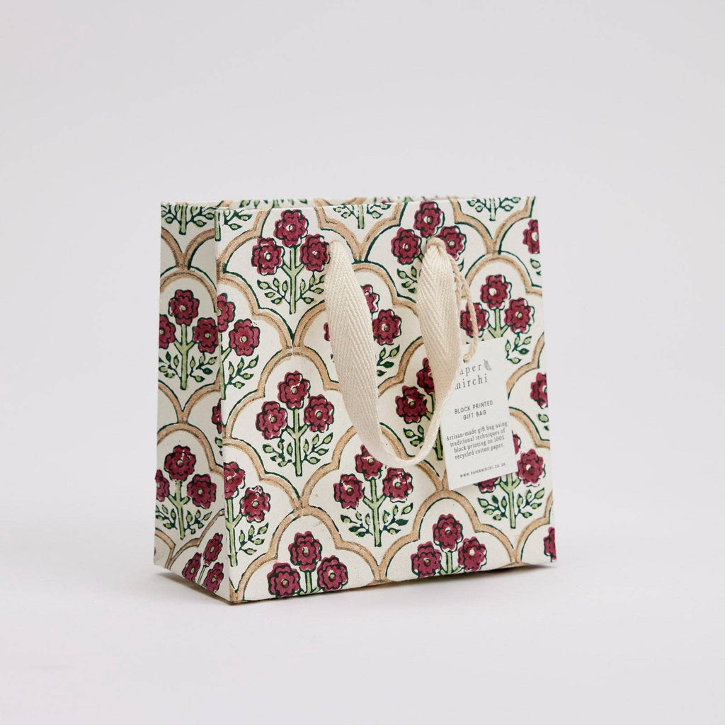 Block printed gift bag in Pomegranate Cherry pattern, Small size