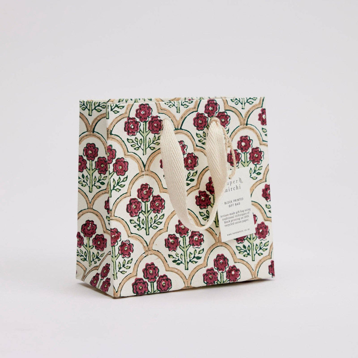 Block printed gift bag in Pomegranate Cherry pattern, Small size