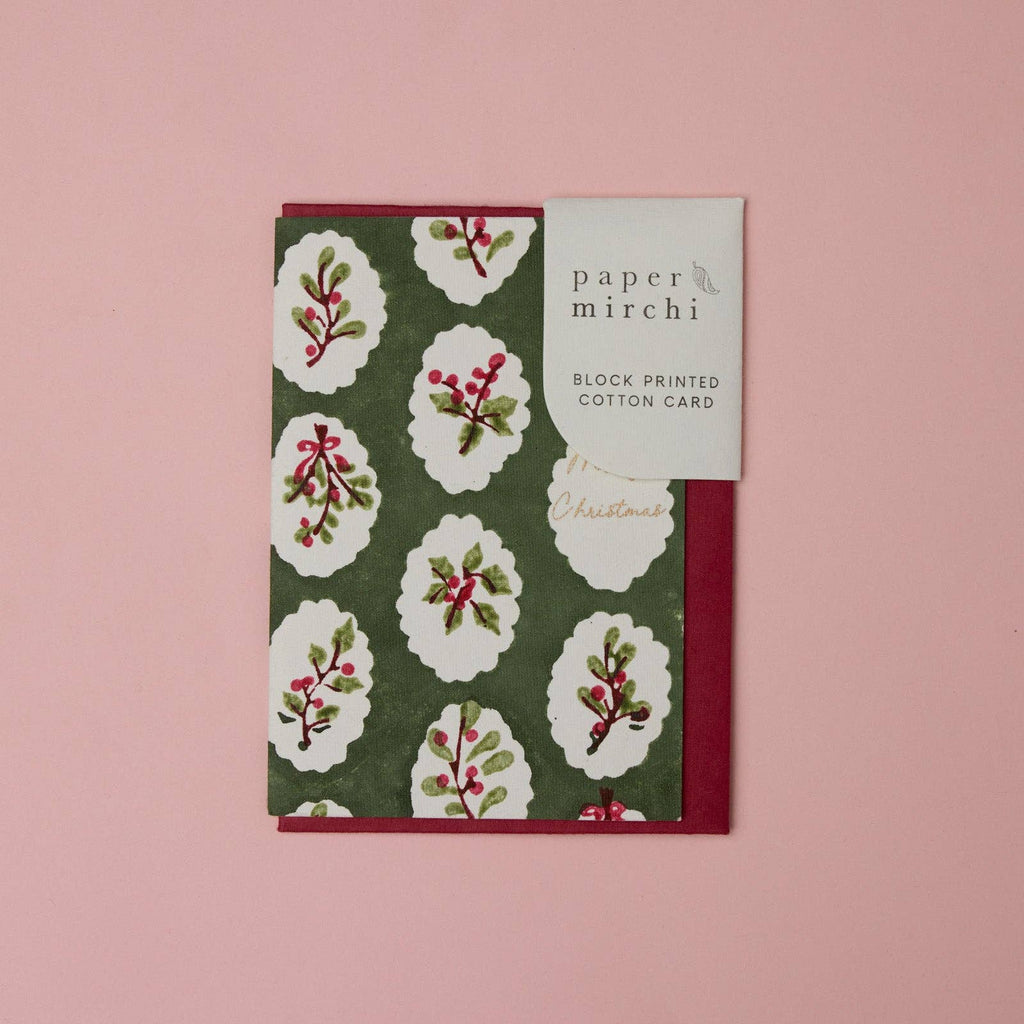 Block Printed Christmas Card - Holly Green