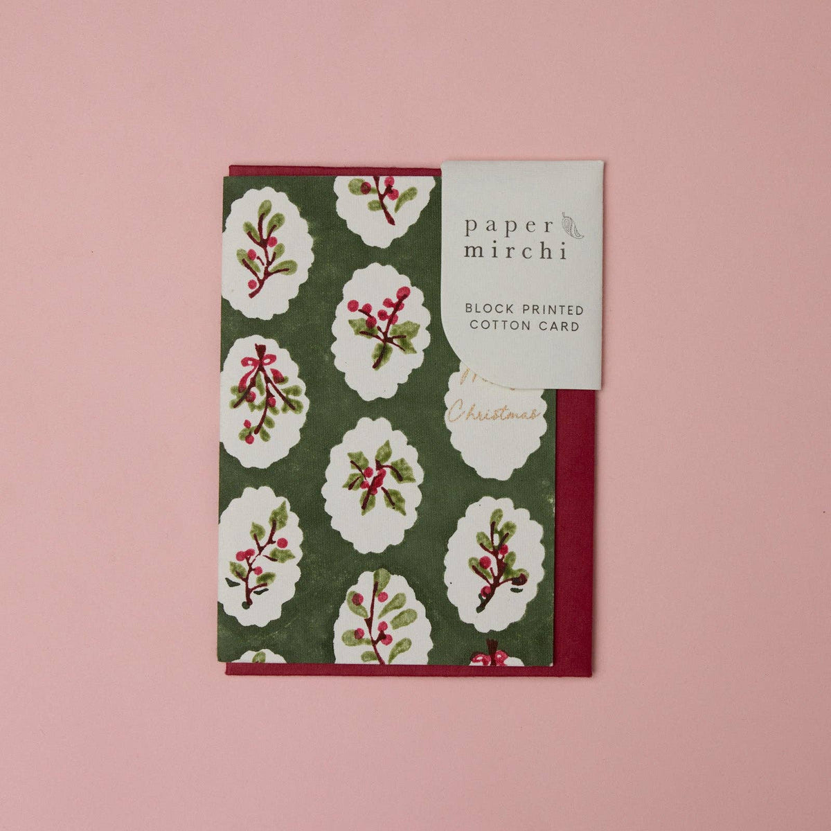 Block Printed Christmas Card - Holly Green